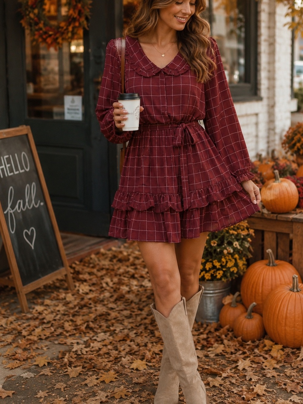 LC Lauren Conrad Burgundy Plaid Ruffle Mini Dress Cottagecore Fall NWT L